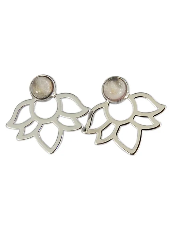 [BO022] Boucle d'oreille Quartz Rose Perle et Lotus Métal argenté