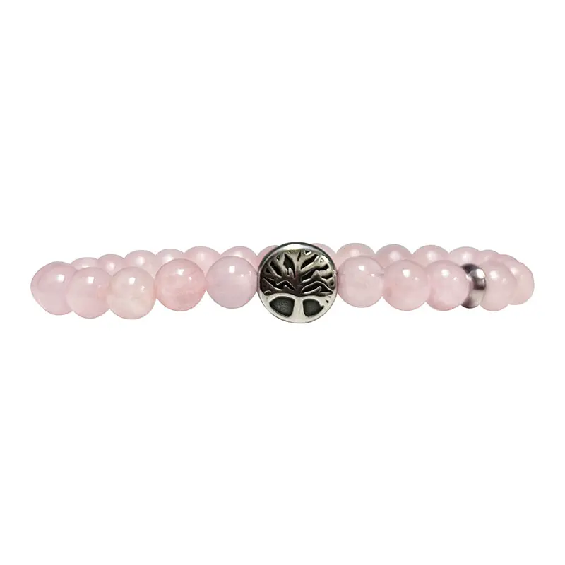 Bracelet Quartz rose & arbre de vie en acier 6mm