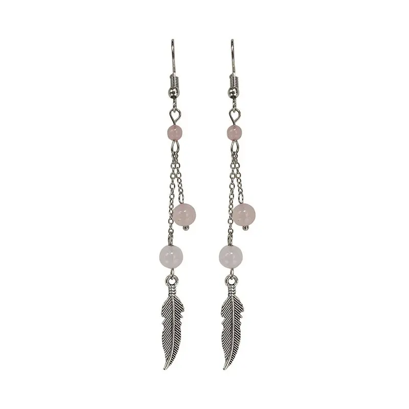 Boucle d'oreille plume Quartz rose