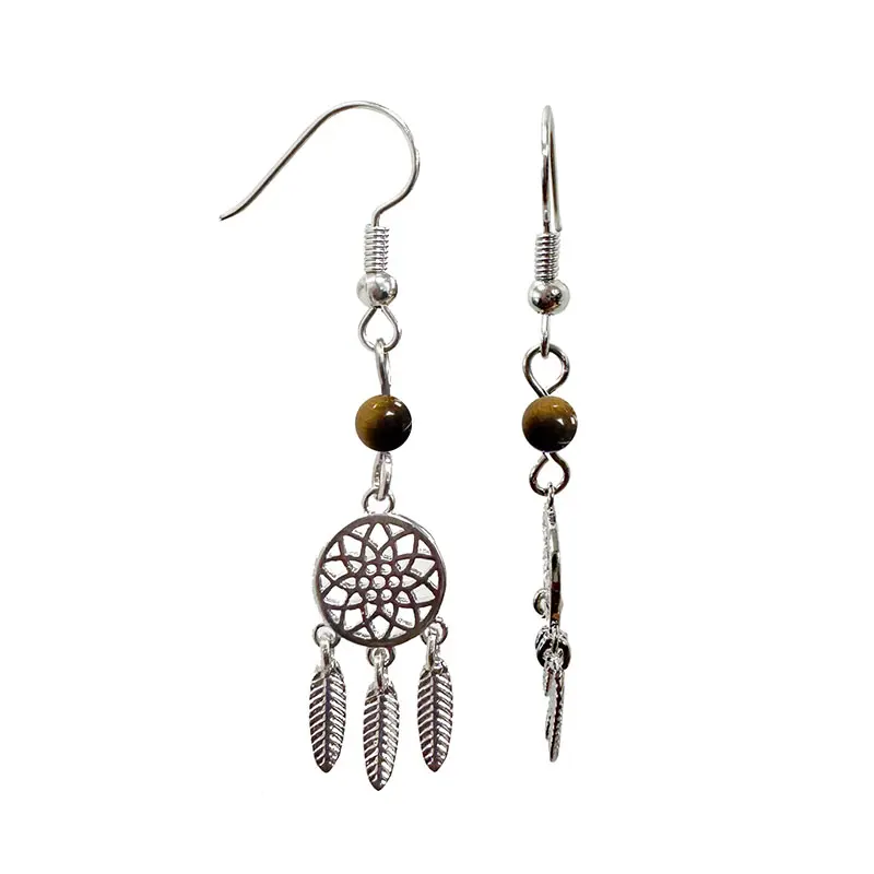 Boucles d'oreilles Œil de tigre attrape rêve en bronze galvanisé