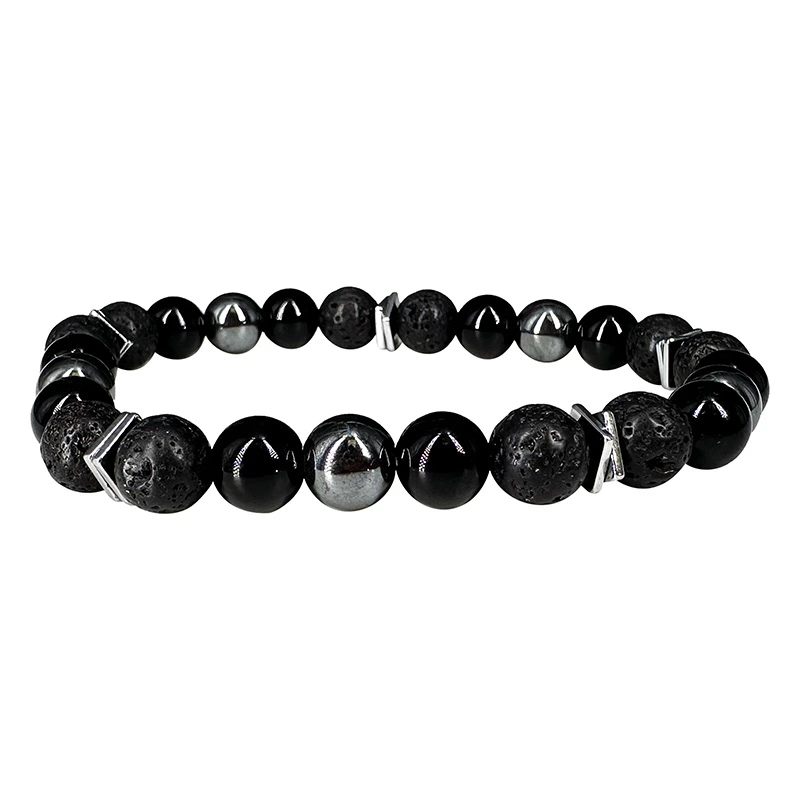 Bracelet Onyx, hématite, lave et carré plat en hématite galvanisée