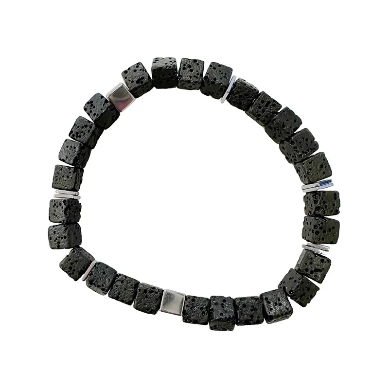 Bracelet Pierre de lave carrée, Hématite galvanisée et carré plat
