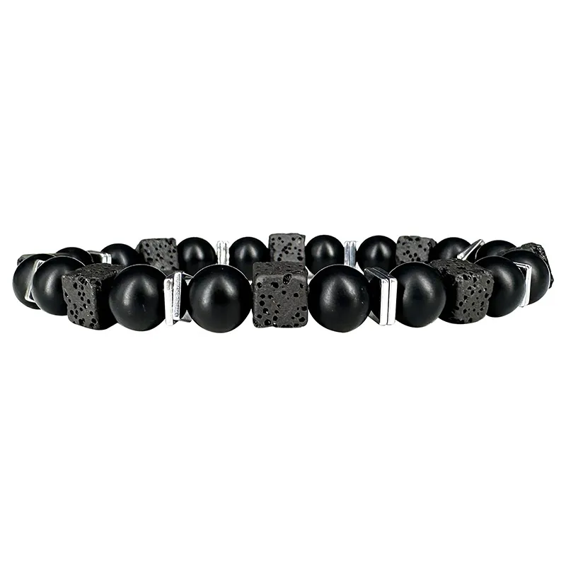Bracelet Onyx dépoli, Lave carré et carré plat en hématite galvanisée