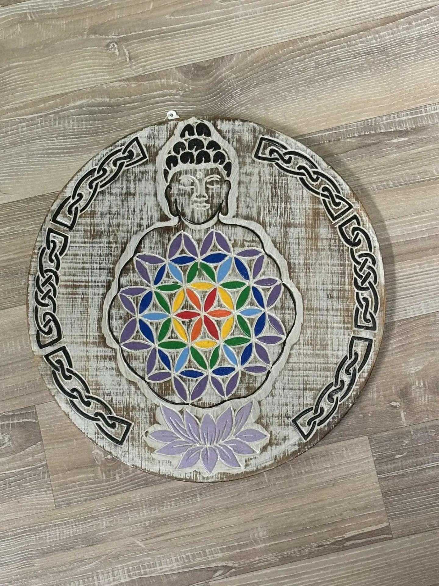 Panneau en bois Bouddha & fleur de vie chakras