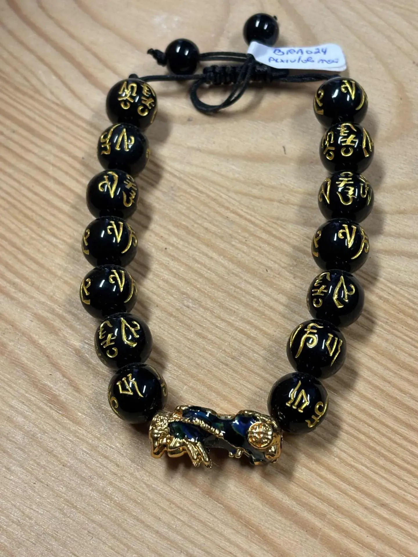 Bracelet Perles noires résine, Pixiu & Obsidienne noire