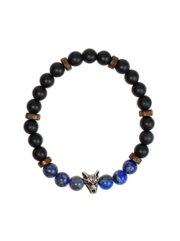 Bracelet Lapis Lazuli & Obsidienne noire matte avec tête de loup
