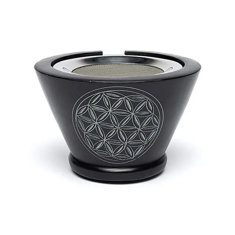 Porte charbon en pierre de savon noir Fleur de Vie avec tamis