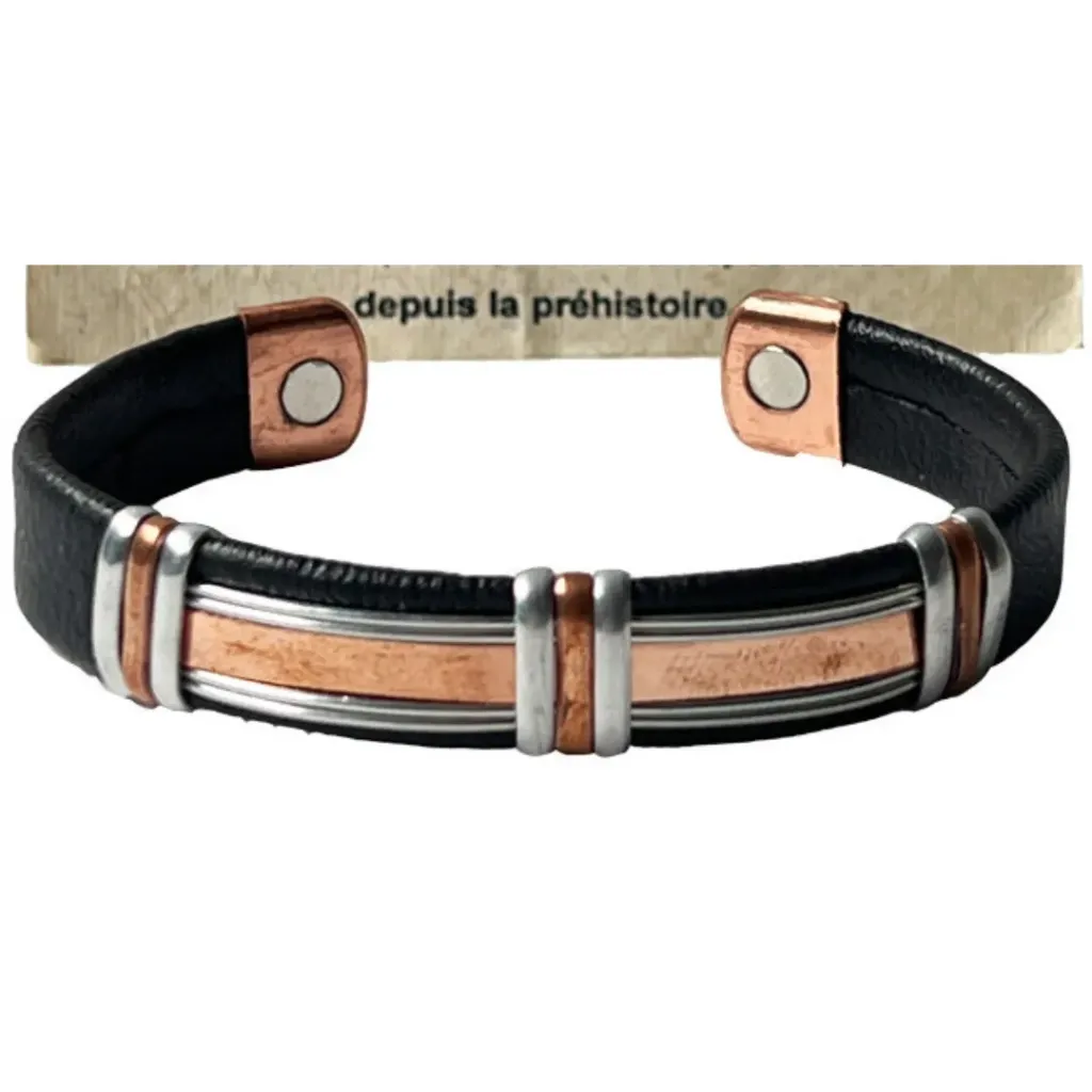 Bracelet Cuivre et Aimants avec Cuir Noir