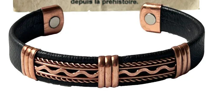 Bracelet Cuivre et Aimants avec Cuir Noir – Design Ondulé