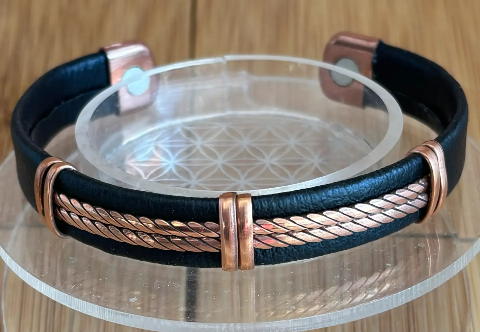 Bracelet Cuivre et Aimants avec Cuir Noir – Design Tressé