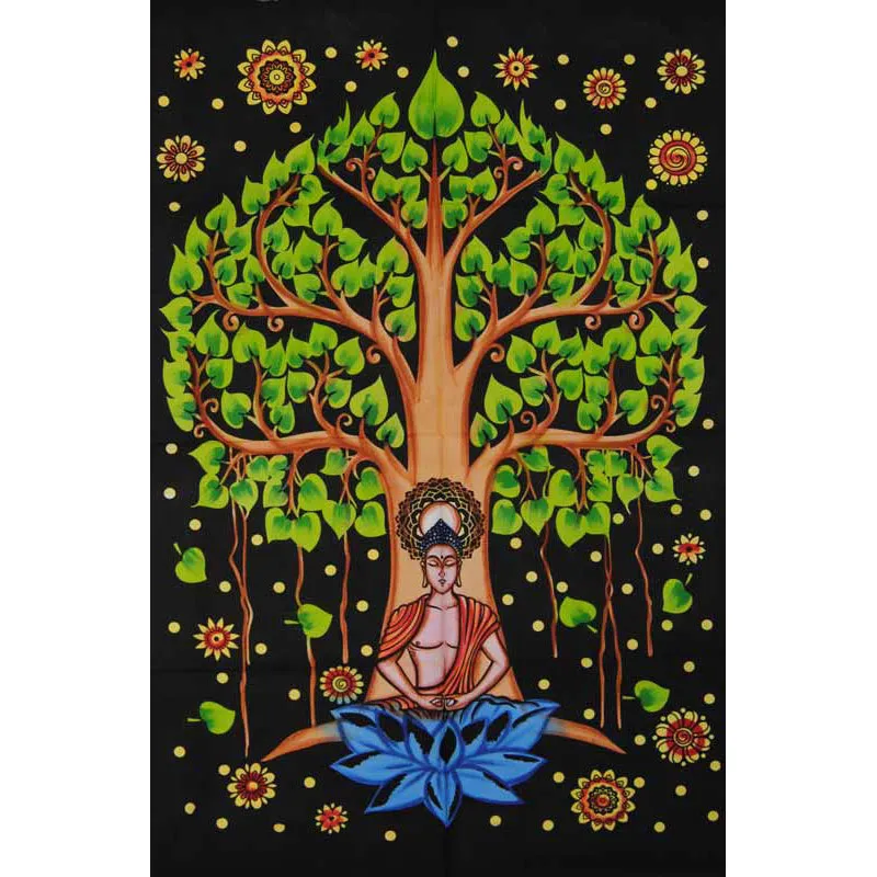 Tissu arbre de vie et Bouddha sur fond noir S