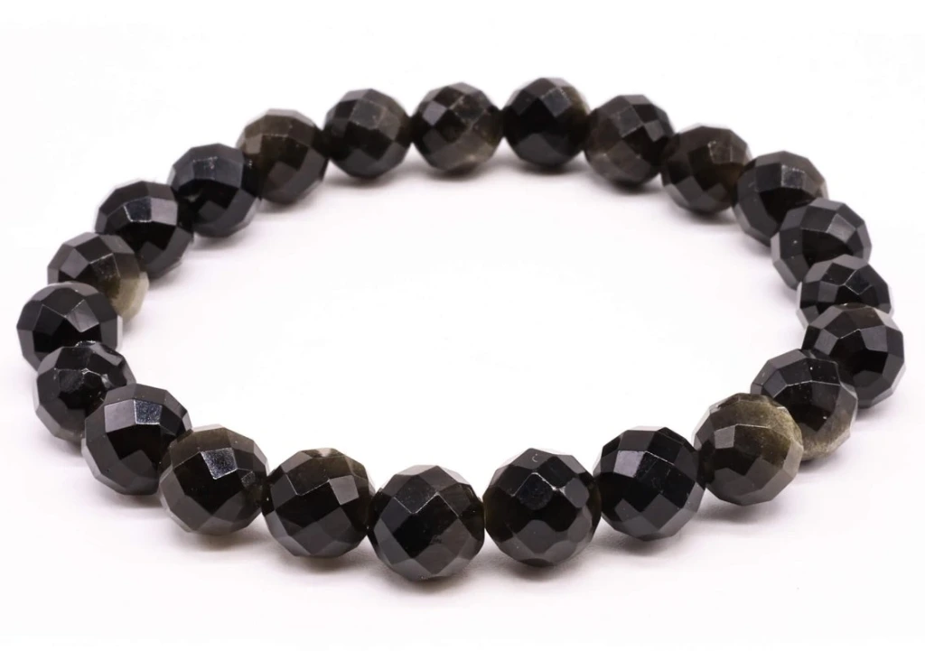 Bracelet Obsidienne Dorée perles facettées 8mm