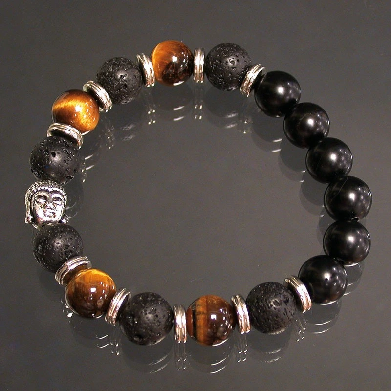 Bracelet Œil tigre, pierre de lave, onyx 10 mm