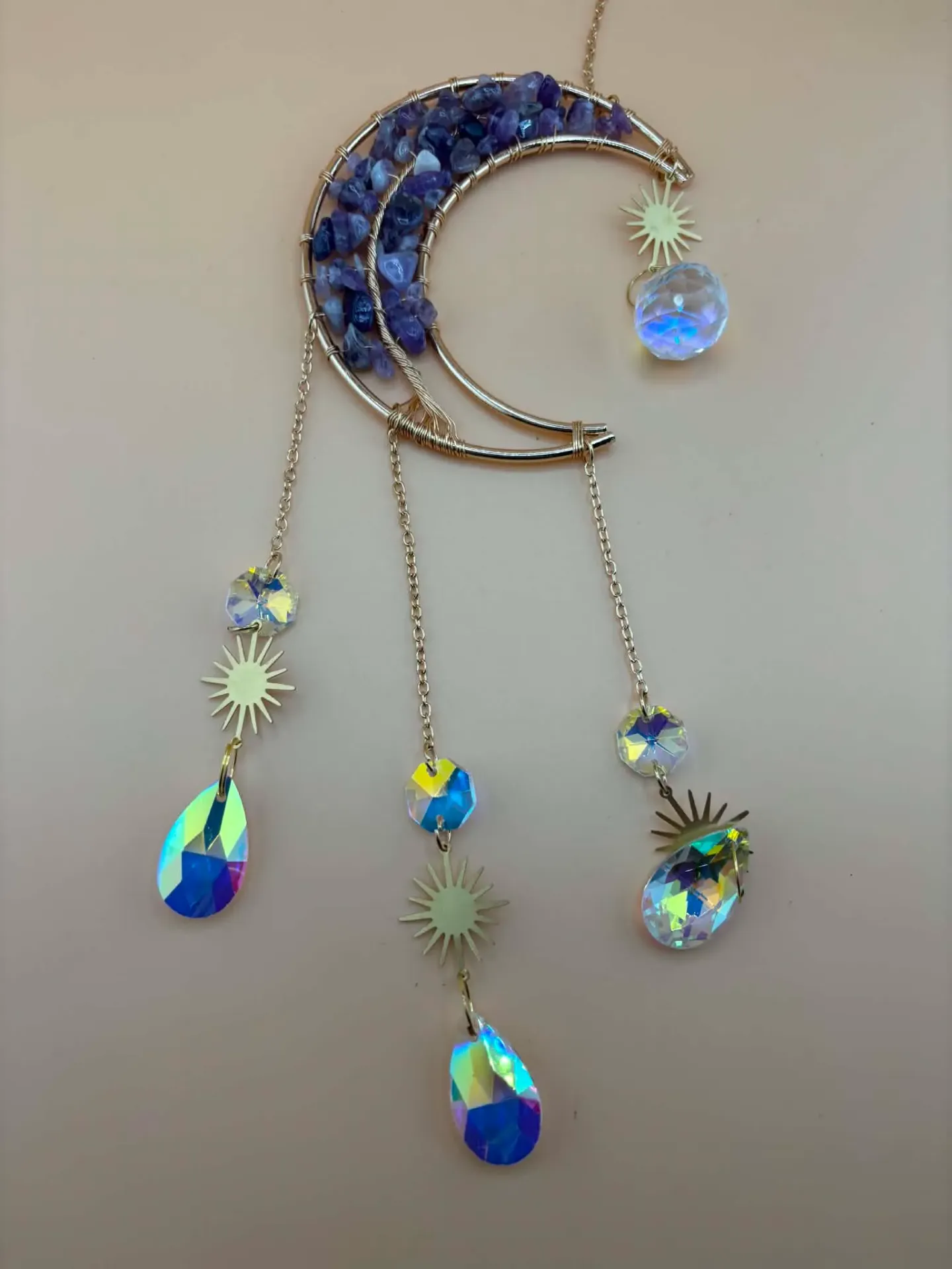 Mobile Lune, étoiles, améthyste & cristaux
