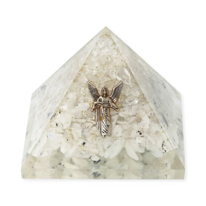 Pyramide d’orgonite Pierre de lune et cristal de roche