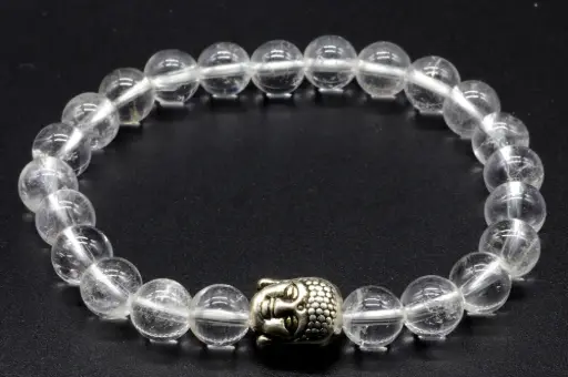 Bracelet Cristal de roche & Bouddha perles 8mm